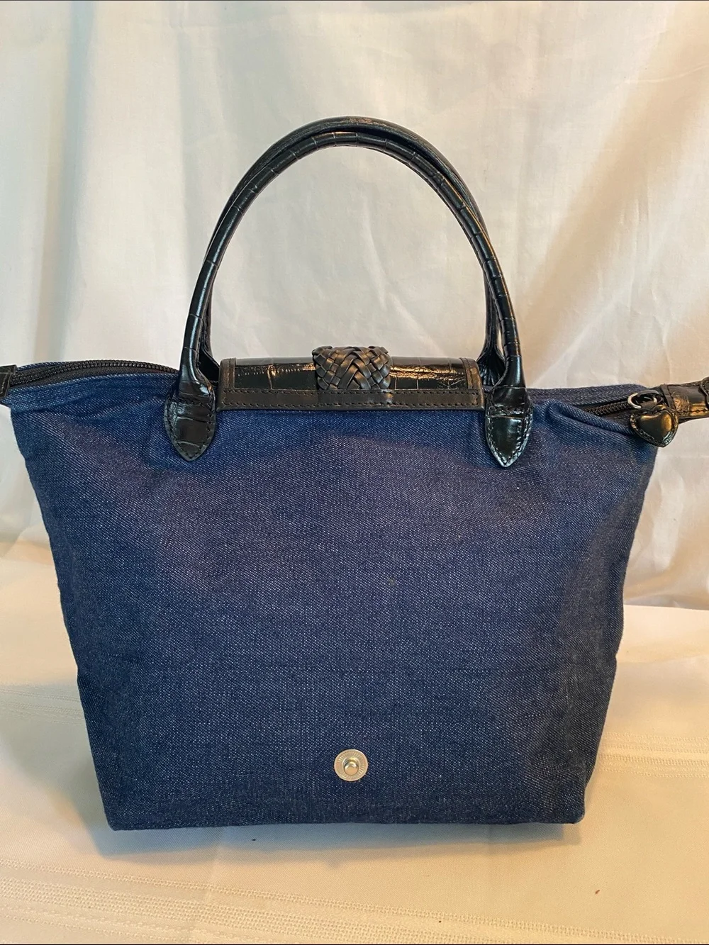Brighton Denim Foldable Tote Purse Black Croc-Texture Trim Heart Clasp One World